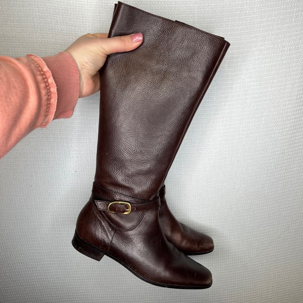 Talbots Womens Brown Pebbled‎ Leather Tall Riding Boots Size 7B Buckle Detail